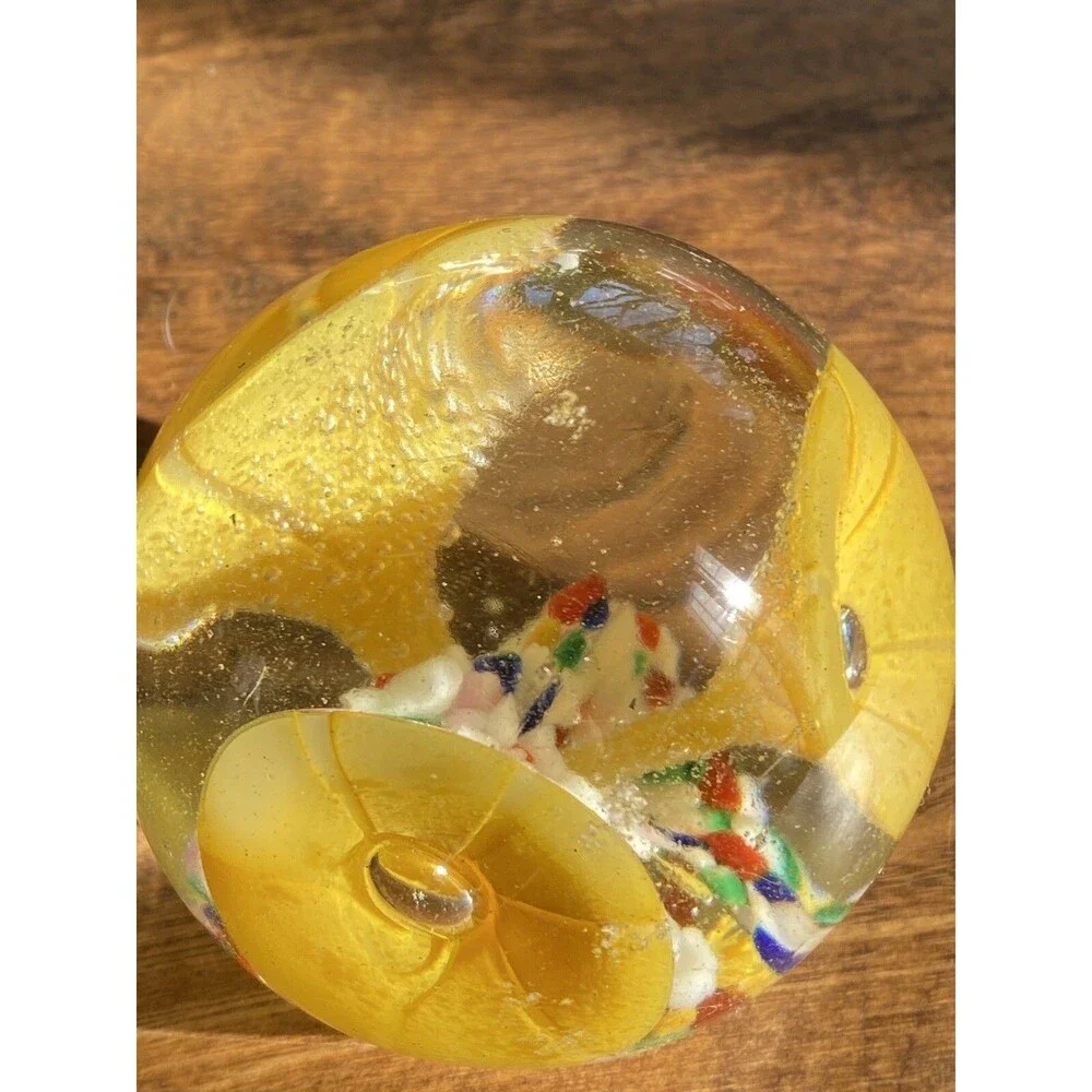 Art Glass Paperweight Yellow Trumpet Flower Blown Bubbles 3” Colorful Floral